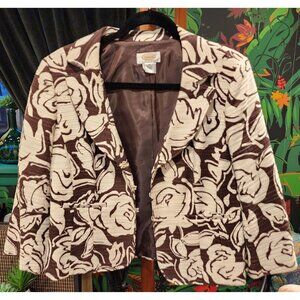 VINTAGE Talbots Petite Womens Floral Blazer Size 14 Brown & Cream Cotton Linen